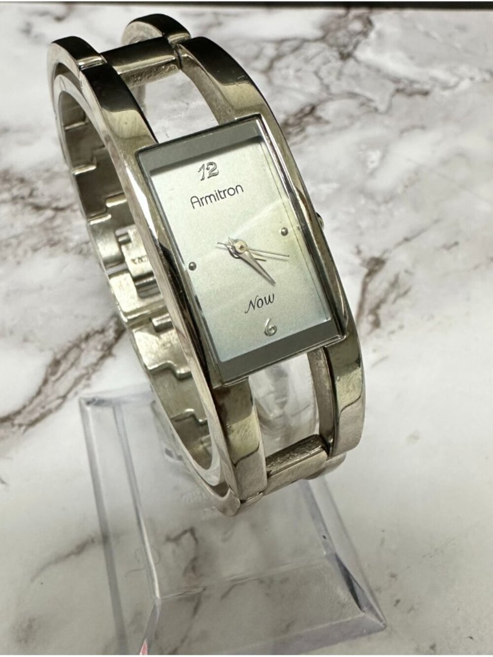 Armitron Watch Women Silver Tone Rectangle Case Bangle Band New Battery 7 Inch